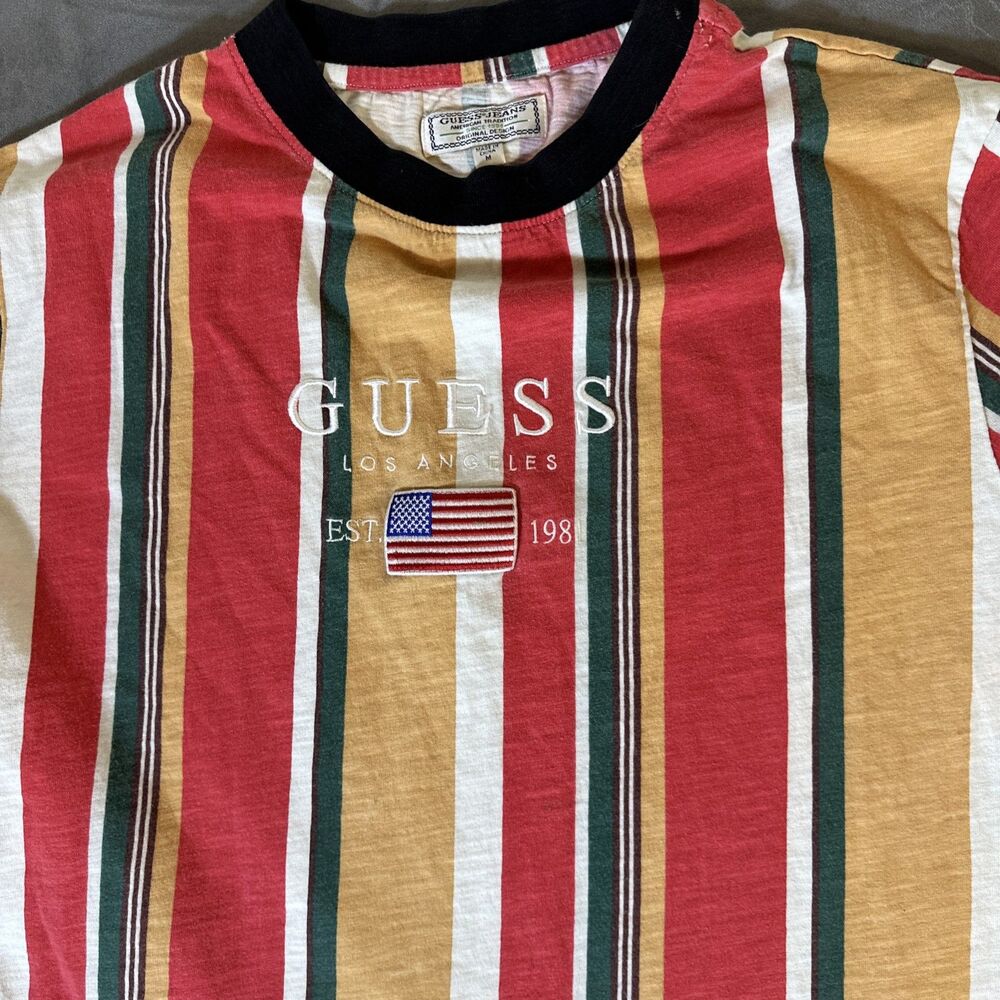 Guess Men’s Medium Stripe Crew T Shirt Tee American Flag Embroidered Y2K Era M - Picture 2 of 6